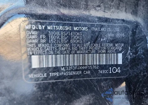 2017 Mitsubishi Mirage G4 Es z USA, uszkodzony, nr VIN ML32F3FJXHHF15762